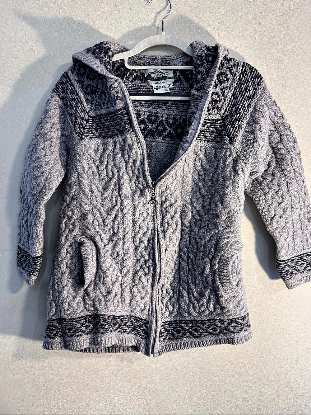Aran Crafts Merino Wool Hooded Zip Cardigan Gray XS made in Ireland